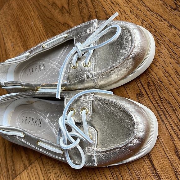 Vintage Lauren Ralph Lauren Yarina Metallic Leather Boat Shoe Gold Women sz 7 B - Picture 2 of 7